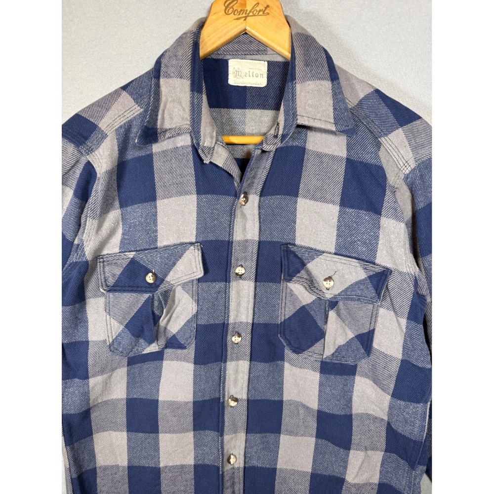 Vintage Melton Wintermaster Flannel Shirt Blue Gray Plaid Made in USA Mens L